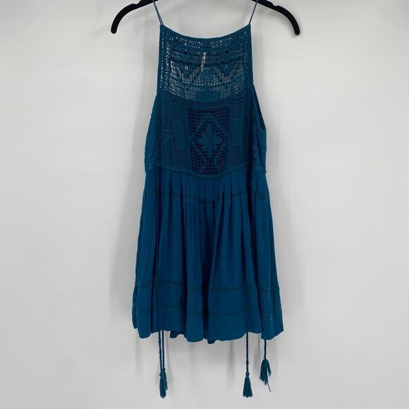 Free People Women's Emily Teal Blue Crochet Pleated Mini Dress Size XS X-Small - Picture 3 of 14